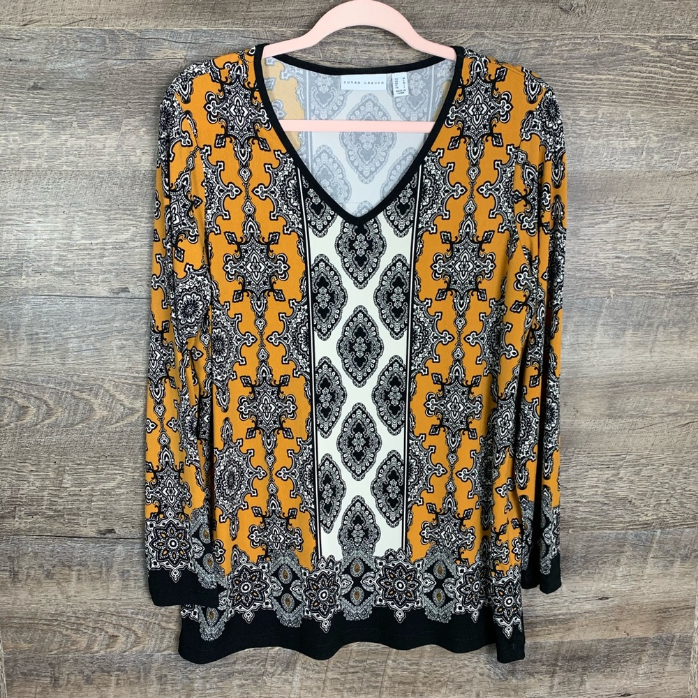 Susan Graver Patterned Mustard Yellow V-neck Top M